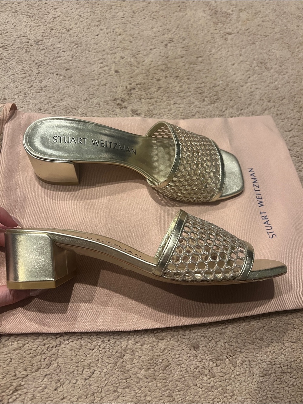 Stuart Weitzman Metallic Gold Mesh Slide Mules